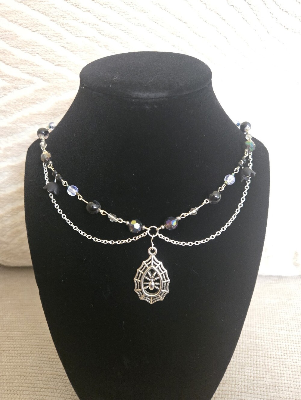 Silver Spider Pendant Layered Necklace with Black Beads - Women Jewelry